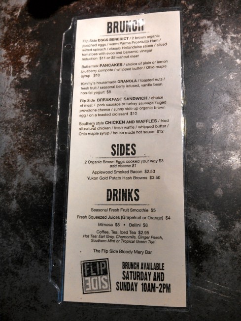 FlipSide's weekend brunch menu.