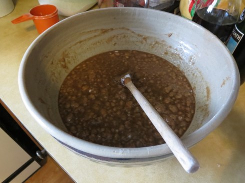 Everything mixed together, waiting for the yeast to start forming bubbles.
